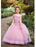 Mauve Lace Tulle V Back Floor Length Flower Girl Dress